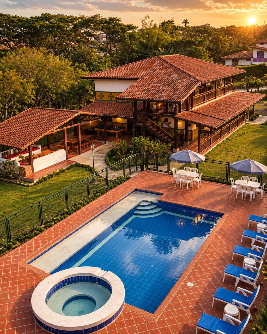 Aerial view of Casa Heliconia and its private pool, surrounded by nature in Montenegro, Quindío