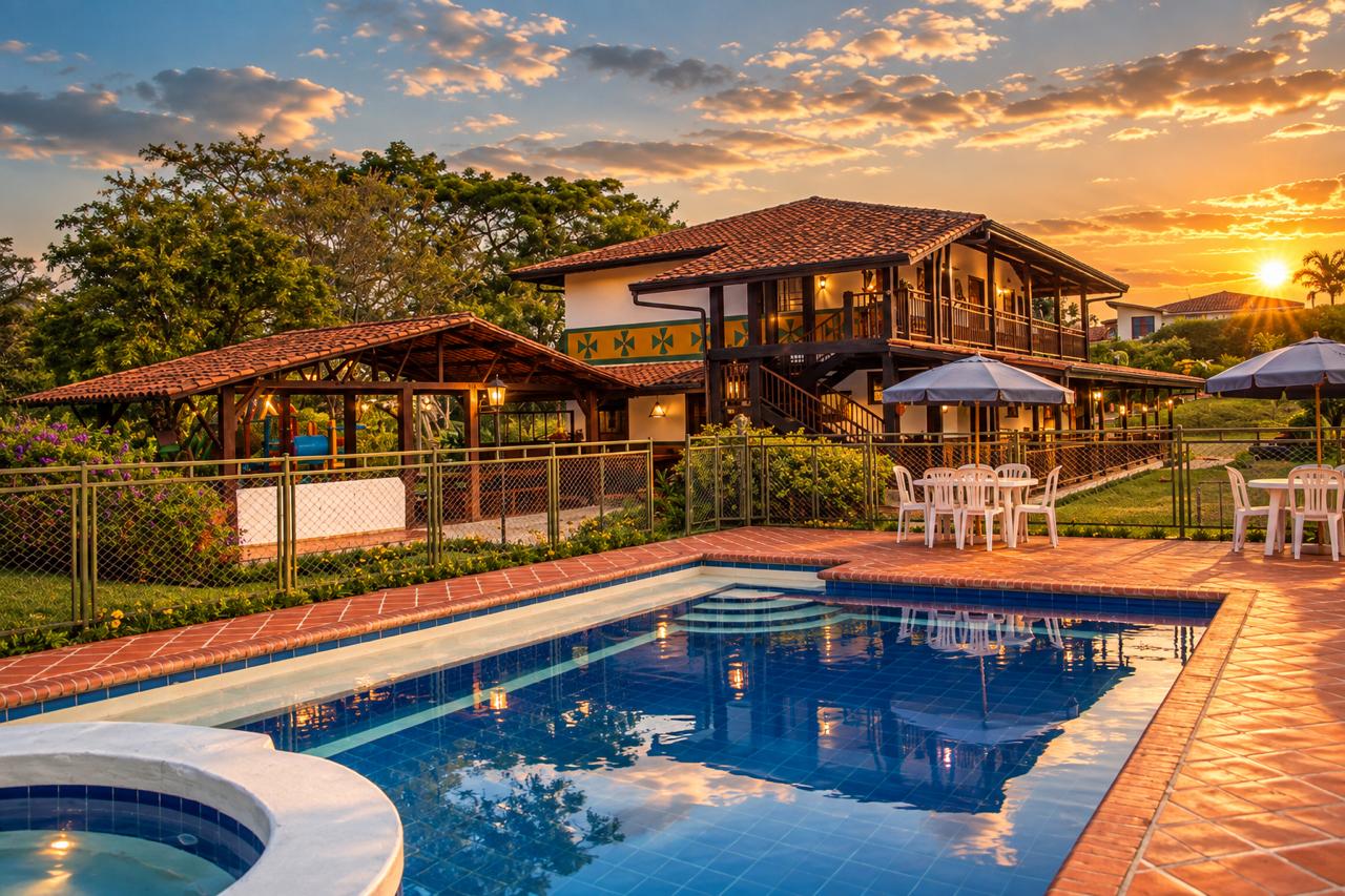 Casa Heliconia pool and hot tub at sunset