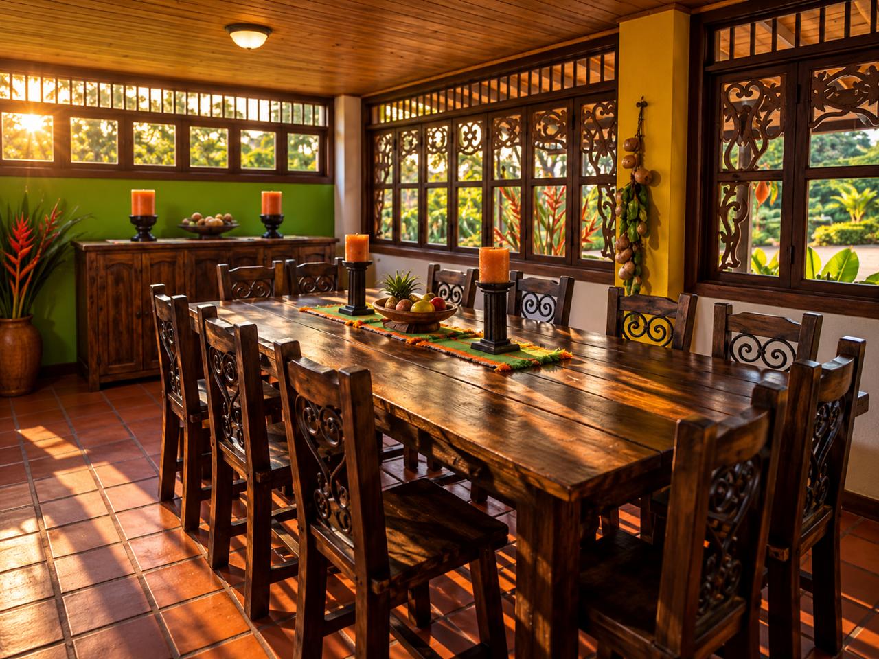 Indoor dining room with a long wooden table